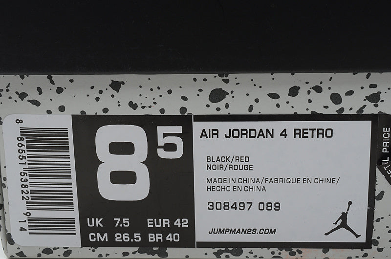 Close-up of the box label identifying Air Jordan 4 Retro, Black/Red, color code 308497 089 and EU 42.