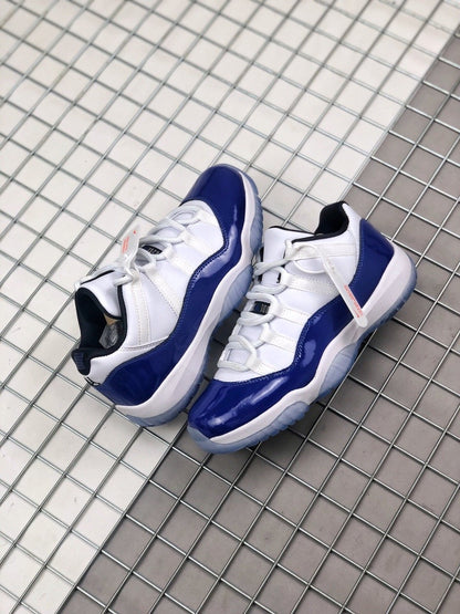 Pair of blue and white Jordan sneakers displayed together.