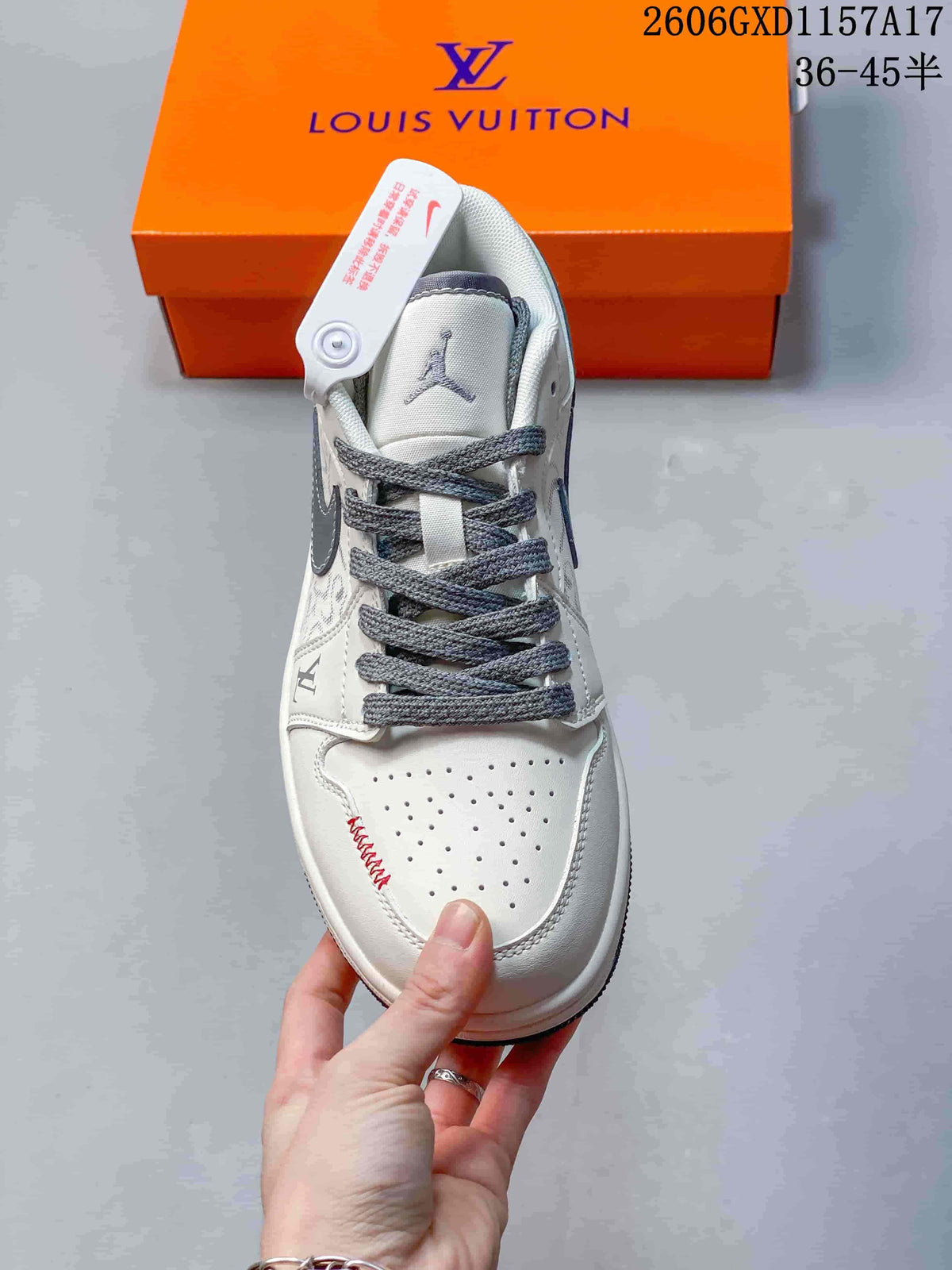 Jordan 1 Low Cream Grey Monogram Print Sneakers