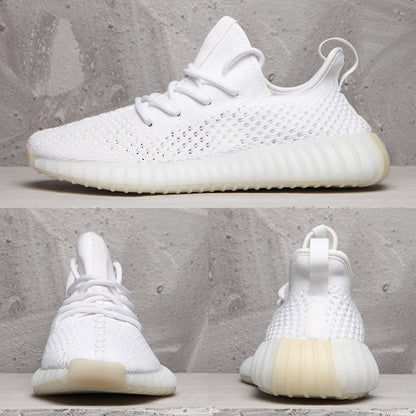 Collage showing side, front, and rear views of the white sneaker.
