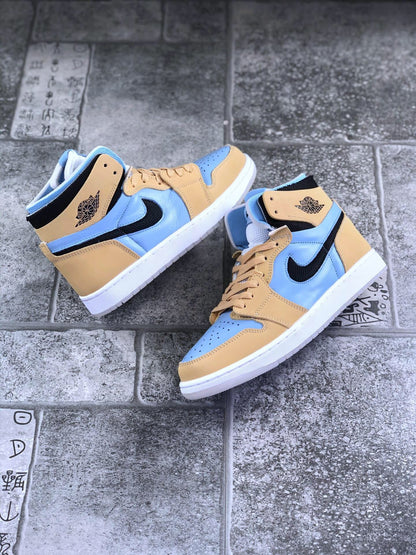 Pair of tan and light blue high-top sneakers shown from an angled top and side view.