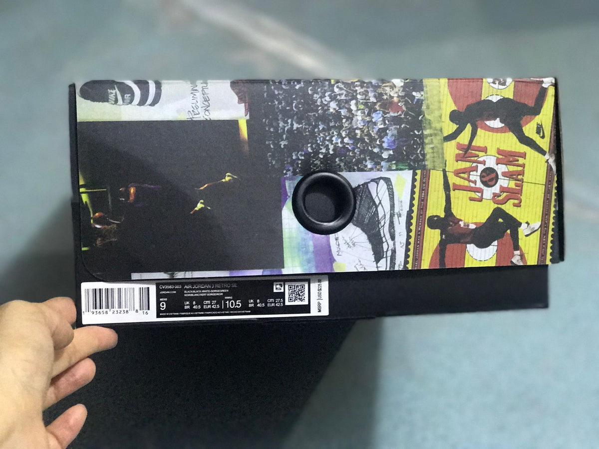 Sneaker box label showing Air Jordan 3 Retro SE and a sample size marked US Men 9, US Women 10.5, and EU 42.5.
