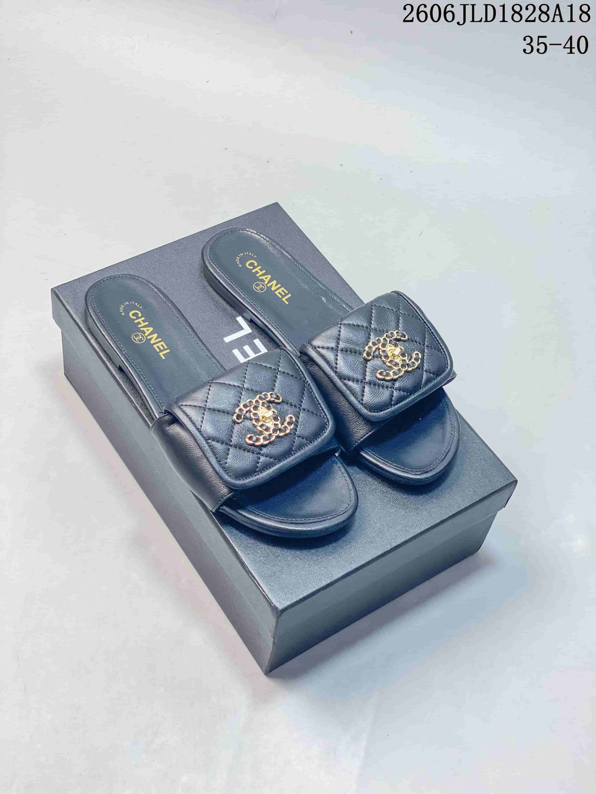 Chanel Quilted CC Slide Sandals in Navy