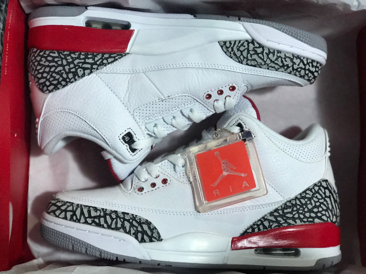 Pair of white Jordan 3 Retro sneakers with gray elephant-print panels and red accents