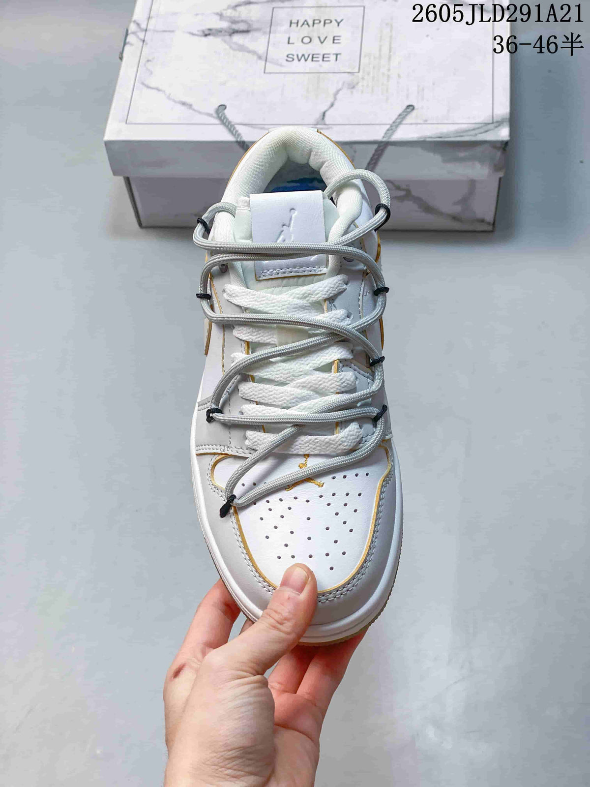 Air Jordan 1 Low White and Grey Sneakers with Gold Accents