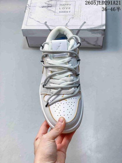 Air Jordan 1 Low White and Grey Sneakers with Gold Accents