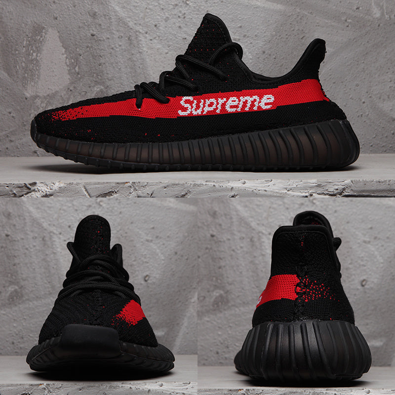 Collage showing side, front, and rear views of the black and red sneakers with Supreme lettering.