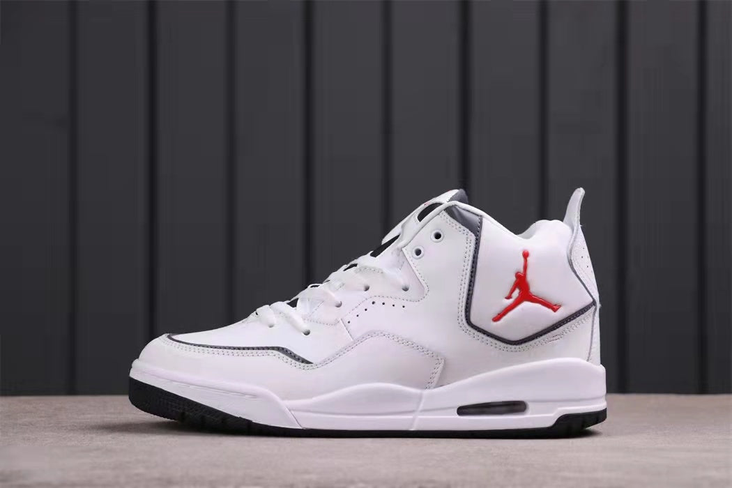 Side profile highlighting the white upper, black trim, red heel logo, and low-top shape