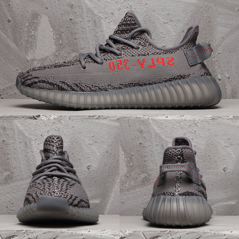 Collage showing side, front and rear views of the dark grey and black patterned sneakers.