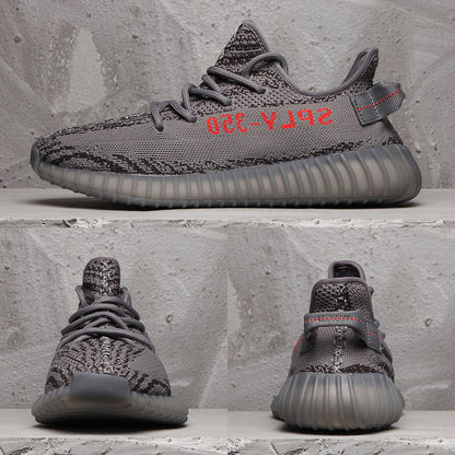 Collage showing side, front and rear views of the dark grey and black patterned sneakers.