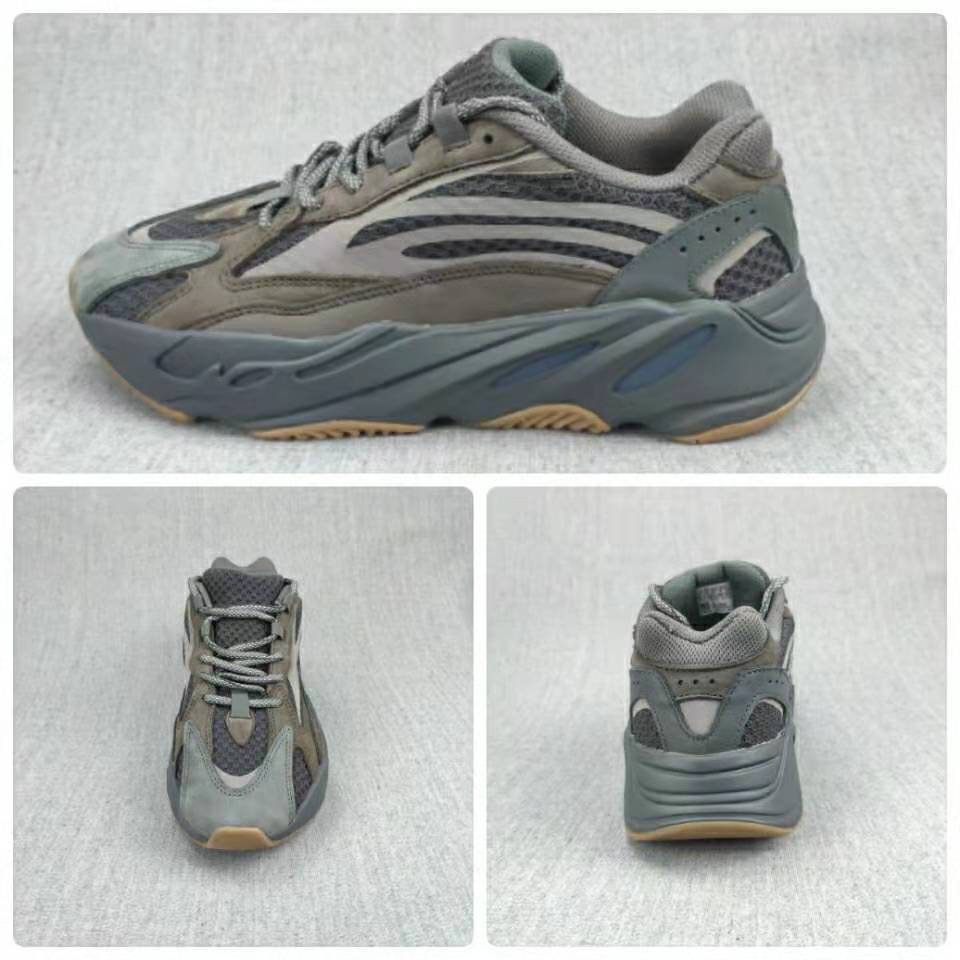 Collage showing side, front, and rear views of the gray sneaker.
