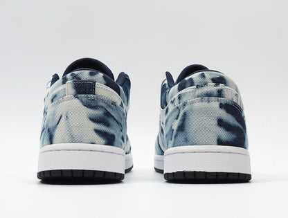 Rear view showing the washed denim-look heel panels, white midsoles and black outsoles.