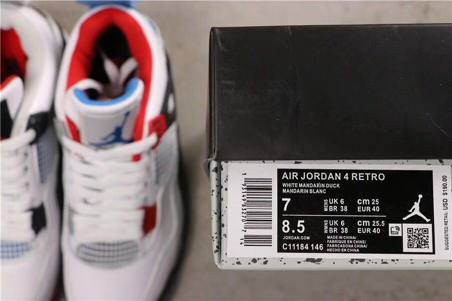 Sneakers beside a box label showing Air Jordan 4 Retro, EU 40, and additional size information.