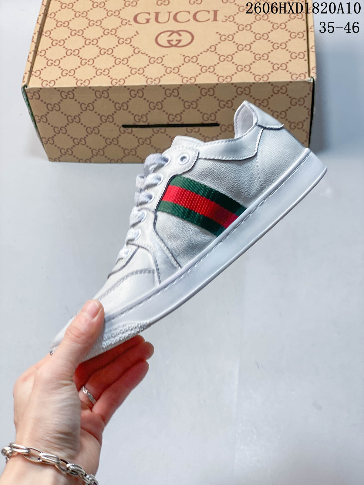 Gucci White Low-Top Sneakers with Green-Red Web Stripe