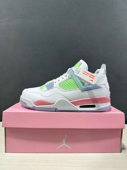 Side profile of the white and pink Air Jordan 4 Retro sneaker with lime green mesh and a visible heel air window.