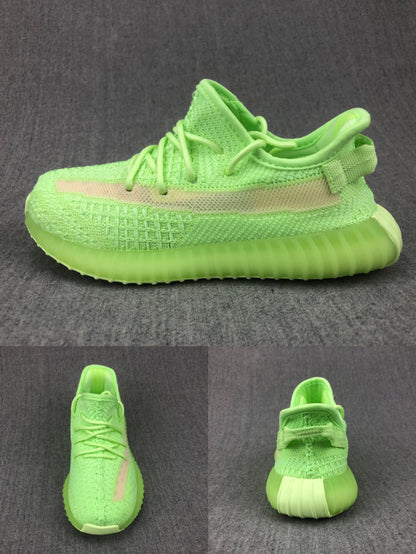 Glow-green kids’ sneaker shown from side, top, and rear angles.