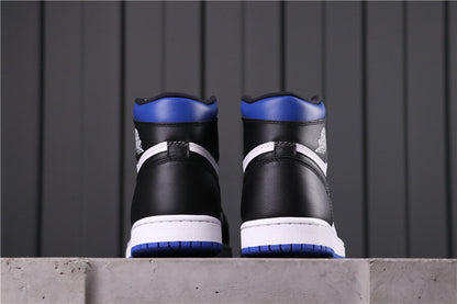 Rear view of black, white and blue high-top sneakers.