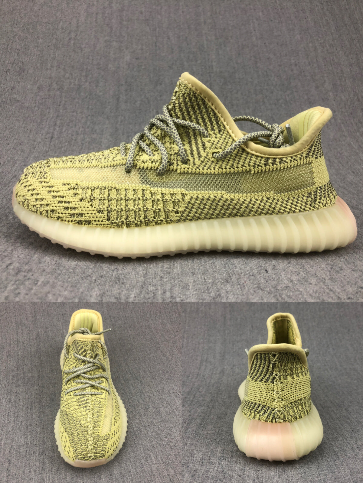 Side, front, and rear views of the olive-yellow and black low-top sneaker.