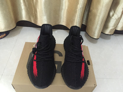Yeezy 350 V2 Black and Red Knit Sneakers