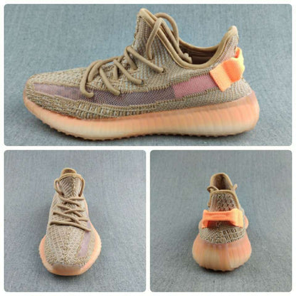 Product collage showing side, front, and rear views of the tan and mauve sneakers.