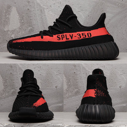 Yeezy 350 V2 Black and Red Knit Sneakers