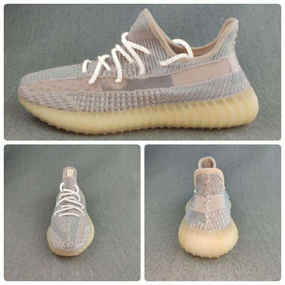 Collage showing side, front, and rear views of the grey and pink-toned Yeezy 350 V2 style sneaker.