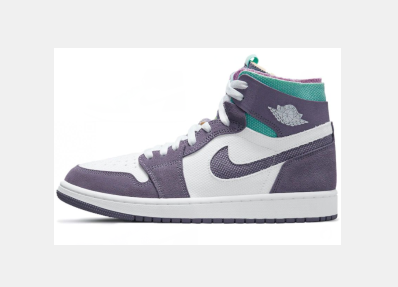 Side view of purple and white Jordan high-top sneakers with a green collar accent, Swoosh, and ankle emblem
