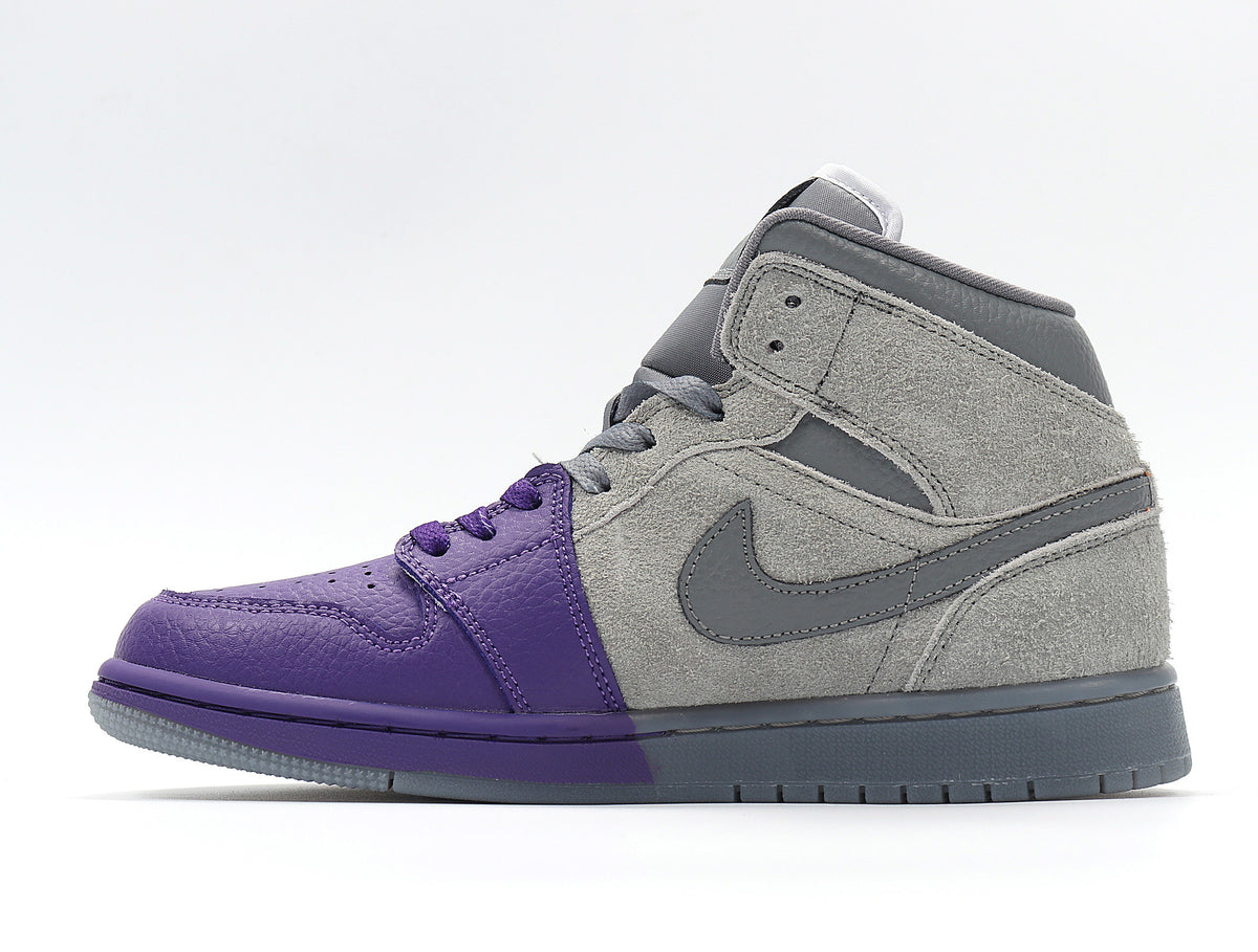 Side profile showing the purple forefoot, cool grey upper, dark grey Swoosh and high-top collar.