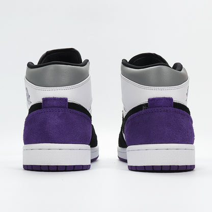 Rear view highlighting the purple heel panels, white midsoles, and gray padded collars.
