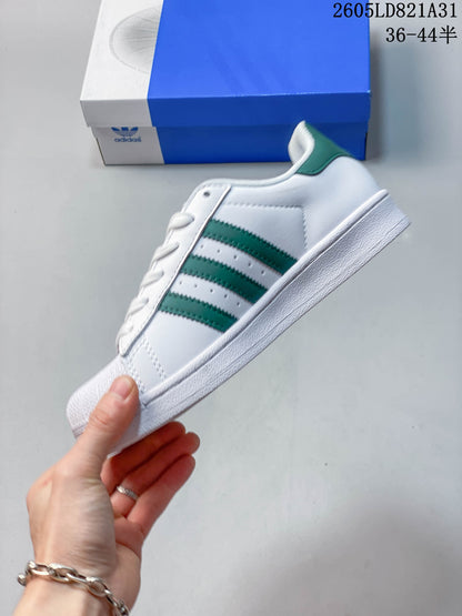 Adidas Superstar White and Green Shell-Toe Sneakers