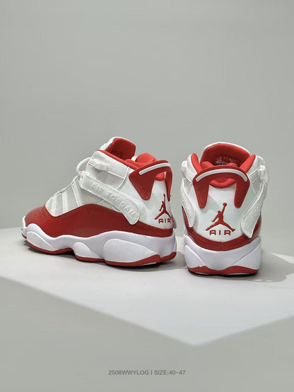 Rear view of the pair showing red collars, white heel panels, Jordan logos and red-and-white soles.