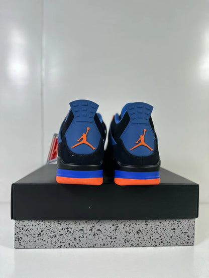 Rear view of the pair showing blue heel panels with orange Jordan logos.