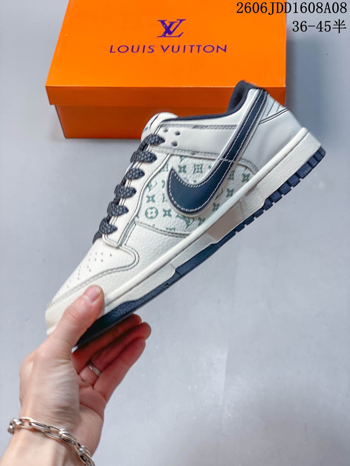 Nike SB Dunk Low Louis Vuitton Print Sneakers, Cream and Gray