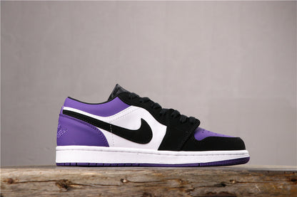 Lateral side view showing the black Swoosh, purple toe and heel sections, and white midsole.