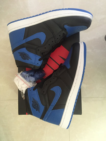 Top and side view of black and royal blue high-top sneakers with white midsoles and blue outsoles.