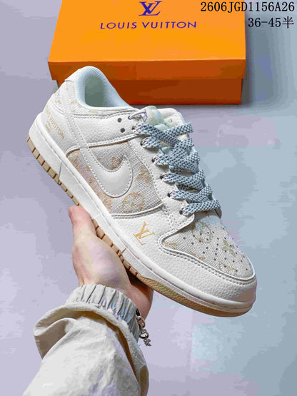 Nike Dunk Low White and Blue Monogram Sneakers
