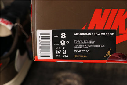 Jordan shoebox label showing Air Jordan 1 Low OG TS SP, color details, style code CQ4277 001, and a photographed size of EU 41.