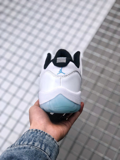 Rear view showing the black collar, blue heel logo, and translucent blue heel section.