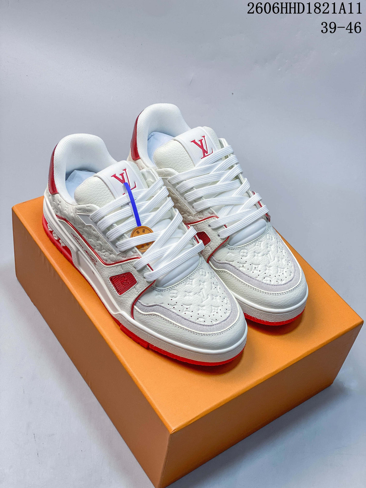 Louis Vuitton Trainer Low-Top Sneakers, White and Red