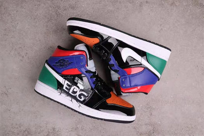 Top-down view of the pair showing the contrasting multicolor panel construction and white midsoles.
