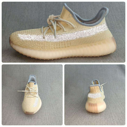 Composite view showing side, top, and rear angles of the beige sneaker.