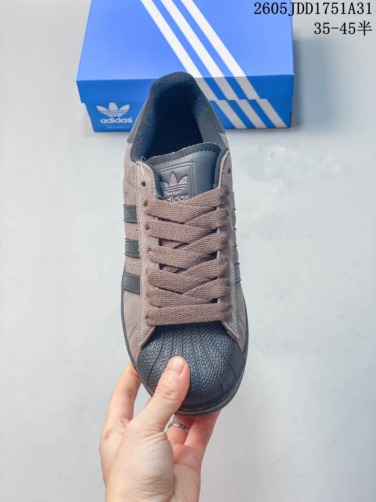 Adidas Superstar Shell-Toe Sneakers in Taupe and Charcoal