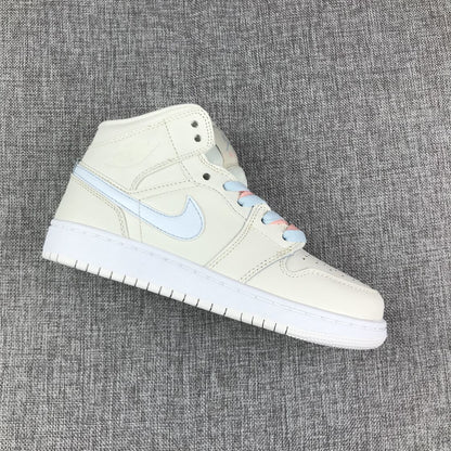 Angled single-shoe view showing an off-white upper, pastel blue Swoosh, padded collar and white outsole.