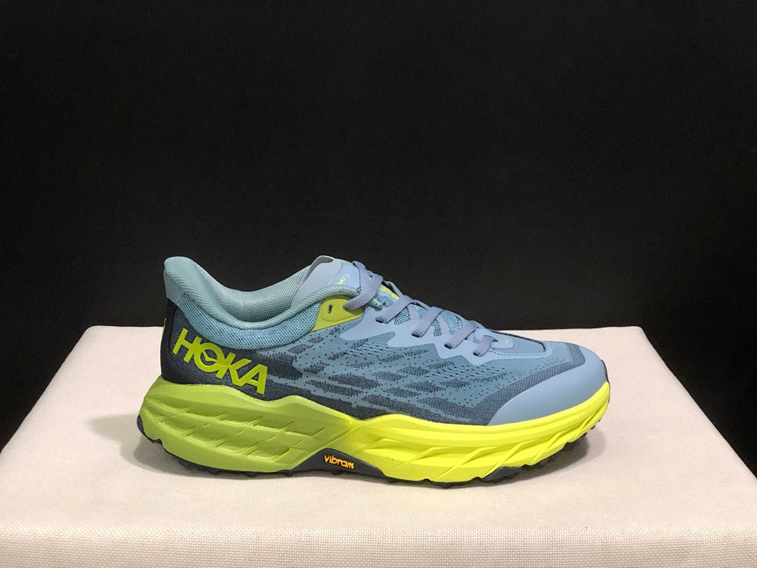 HOKA Speedgoat 5 Trail Running Shoes, Blue and Lime