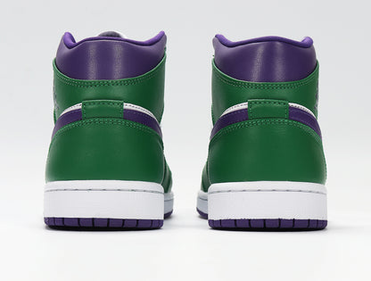 Rear view of green and purple high-top sneakers with white midsoles and purple outsoles.