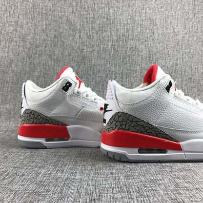 Pair of white and red Air Jordan 3 sneakers shown from the rear sides