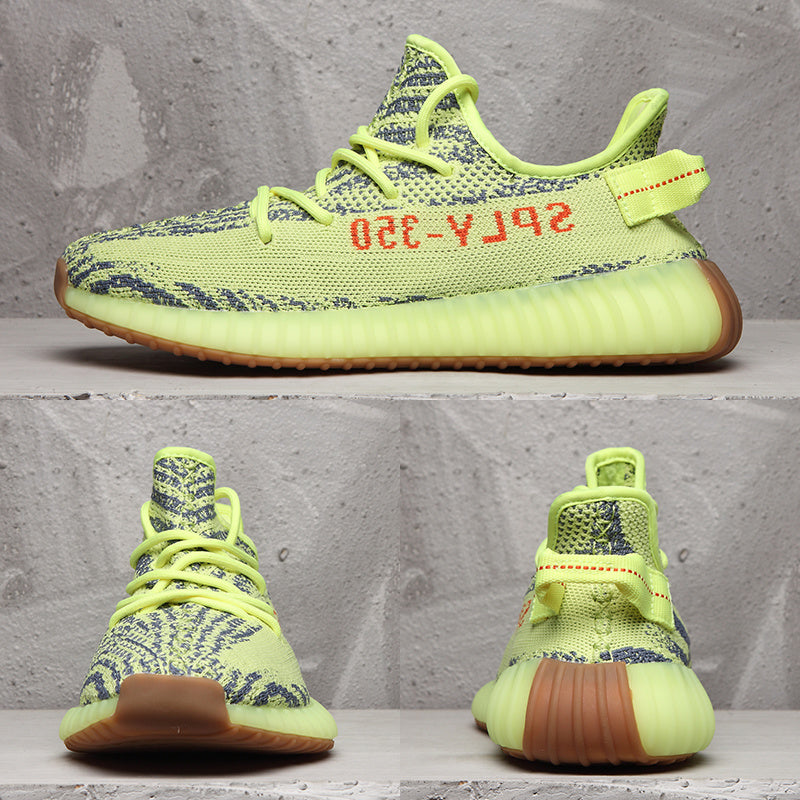 Composite product image showing side, front, and rear views of the lime green sneakers.