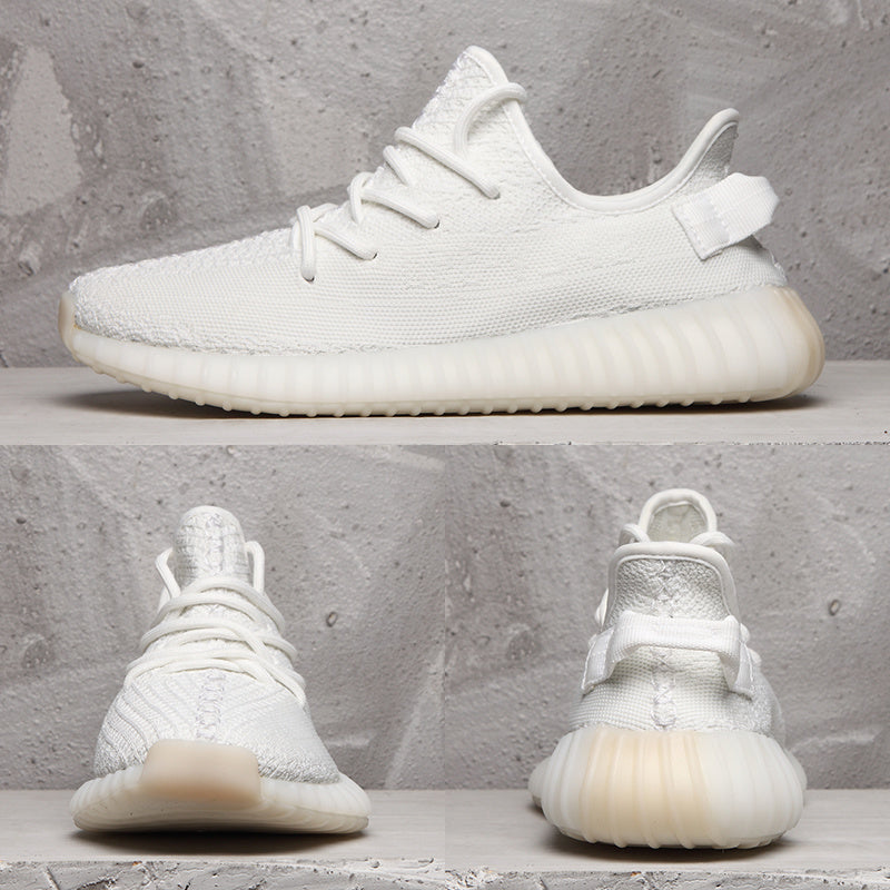 Collage showing side, front, and rear views of the white Yeezy 350 V2 sneaker.