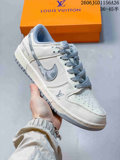 Nike Dunk Low White and Blue Monogram Sneakers