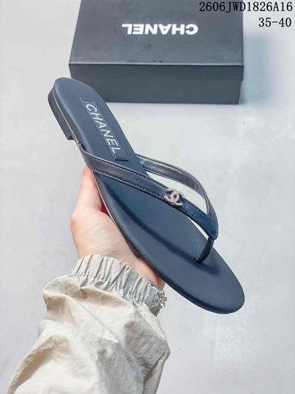 Chanel Dark Navy Thong Sandals with Logo Detail